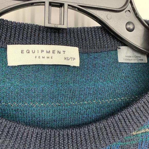 Equipment Sweater Navy Blue Plaid Wool Blend Crewneck Pullover - Picture 3 of 10